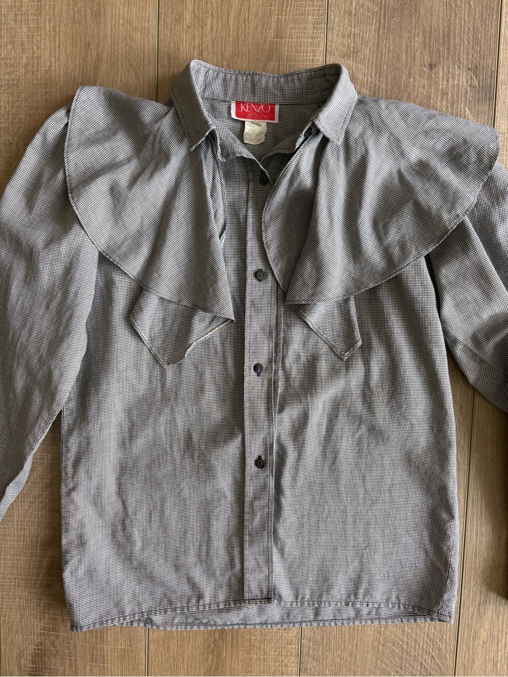 Kenzo Gray Button-Up Blouse with Large Ruffle Collar - Picture 2 of 5